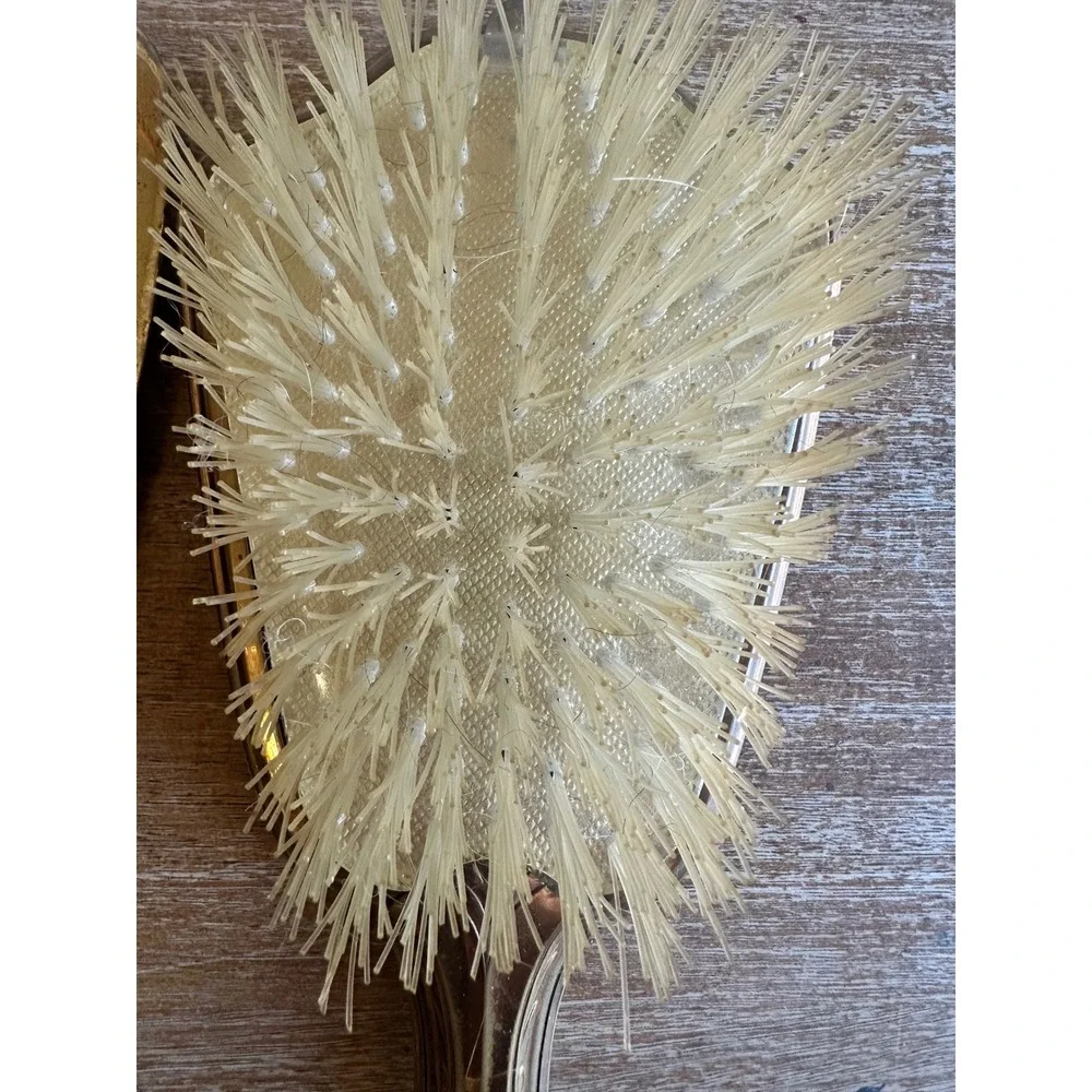 Vintage Gold Tone Vanity Set Hand Mirror Hair Brush Floral Embroidery Art Deco
